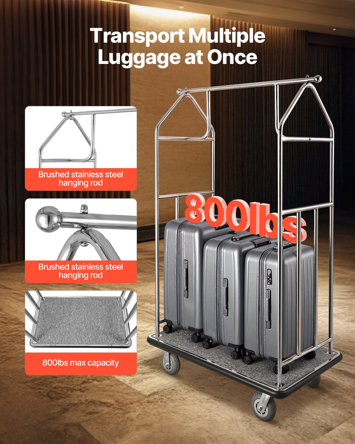 Hotel Bagagevagn 800 LBS Borstad rostfritt stål Finish Bellman's Cart