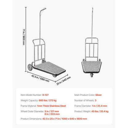 Bagagevagn 600 LBS 3 hjul Rostfritt stål Finish Bellman's Cart |  EU