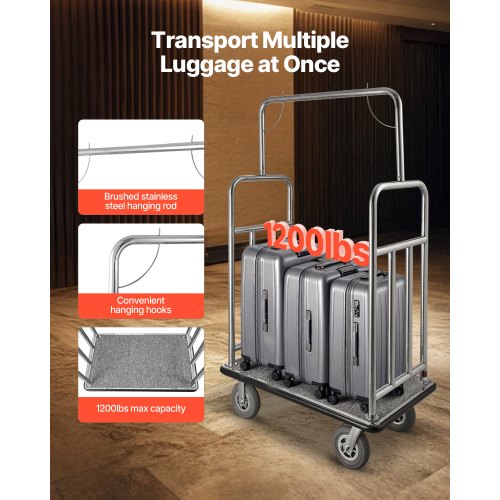 Hotel Luggage Cart 1200 LBS Brushed Stainless Steel Finish Bellman's Cart | EU