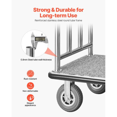Hotel Luggage Cart 1200 LBS Brushed Stainless Steel Finish Bellman's Cart | EU