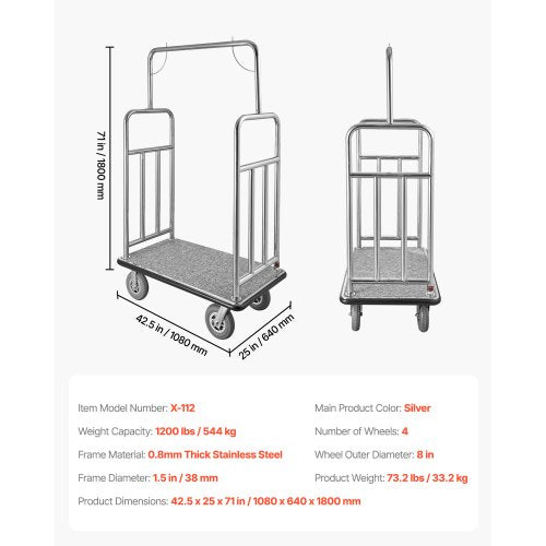 Hotel Luggage Cart 1200 LBS Brushed Stainless Steel Finish Bellman's Cart | EU