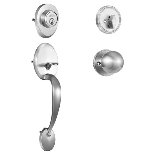 Framdörrhandtag och låssats, satinnickel framdörrlåssats med invändig knopp, justerbart hålavstånd encylindrigt handtag, för höger- och vänsterhänt entré och framdörr