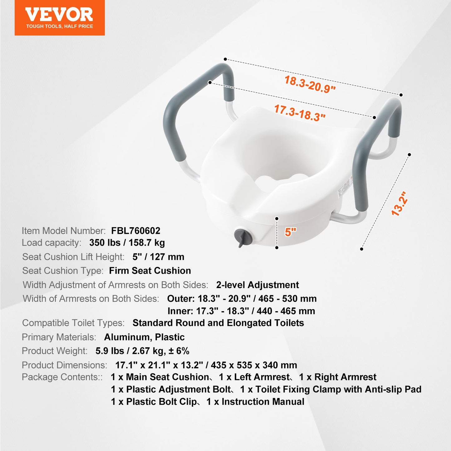 Raised toilet seat 5" height 350 lbs for round and elongated toilet