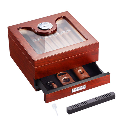 35 Zigarren-Humidor, Glasdeckel, Zedernholz-Zigarrenbox, Luftbefeuchter, Hygrometer und Schublade