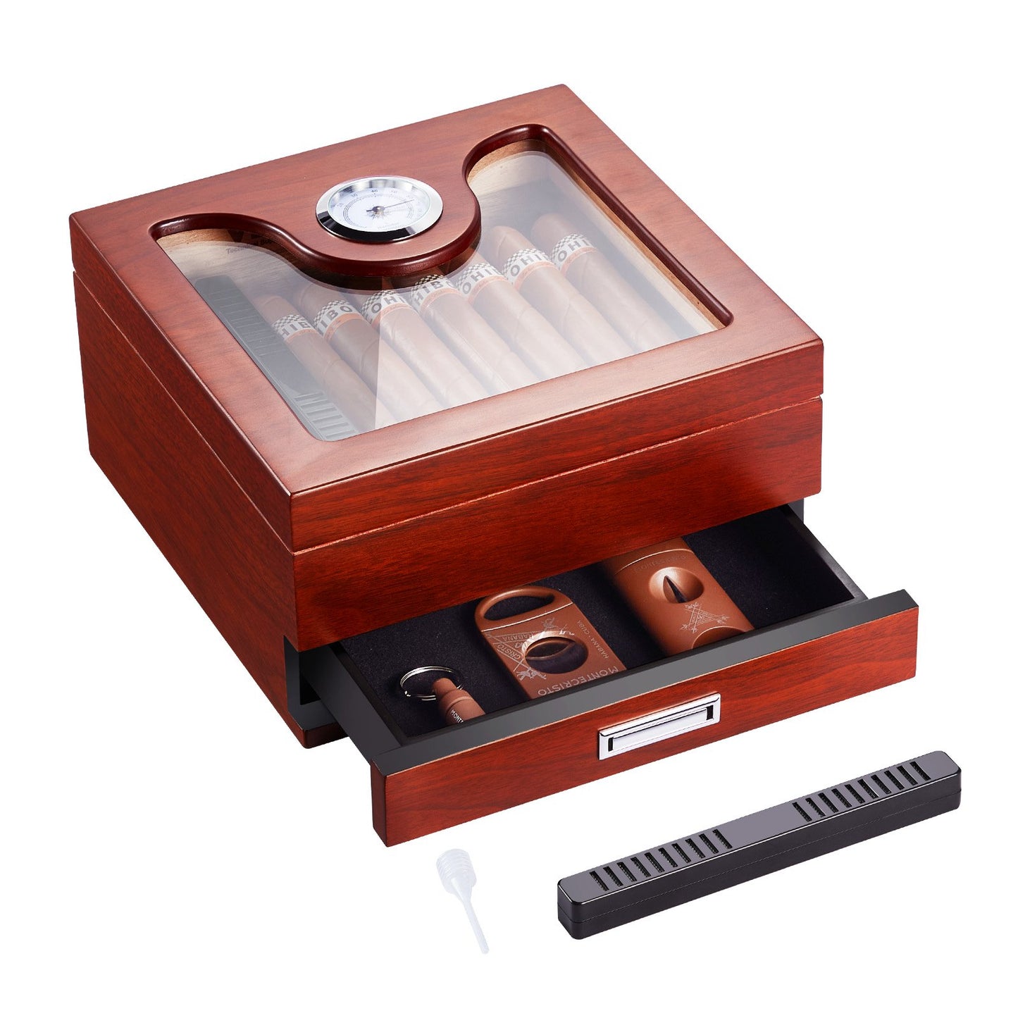 35 Zigarren-Humidor, Glasdeckel, Zedernholz-Zigarrenbox, Luftbefeuchter, Hygrometer und Schublade
