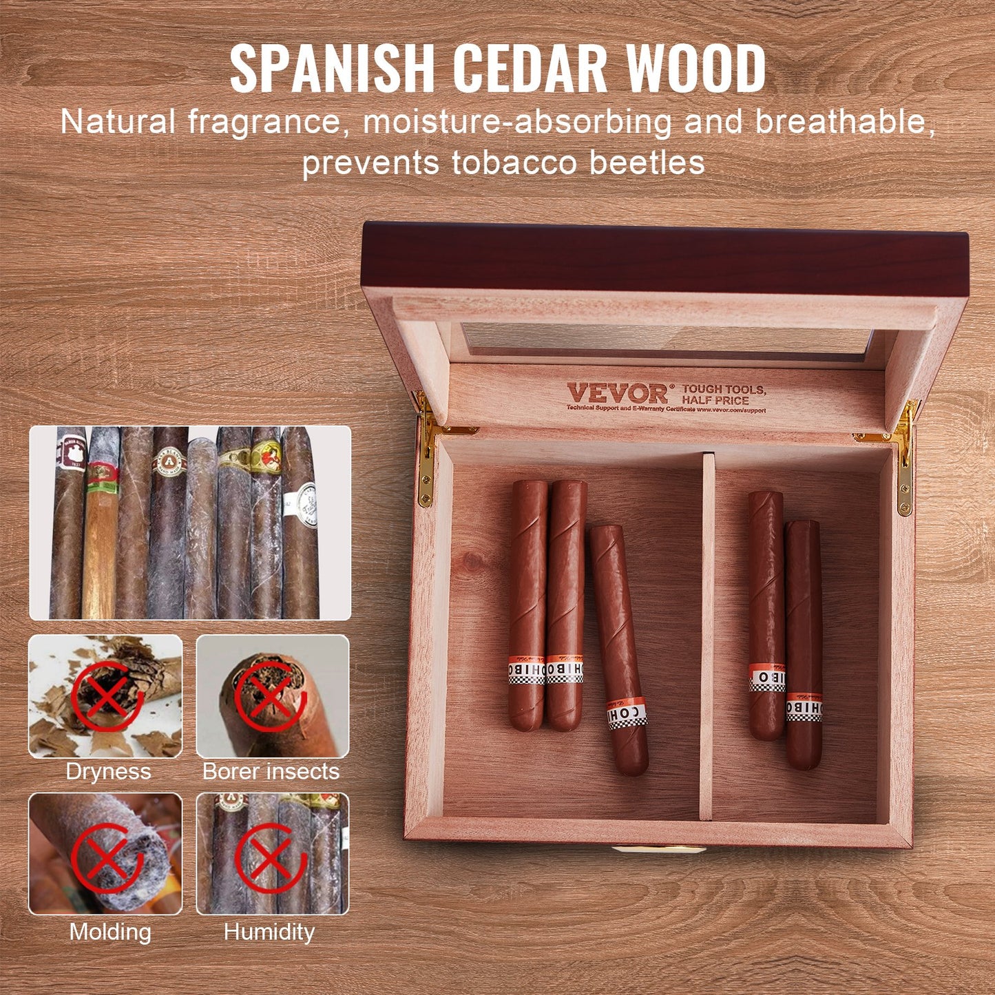 50 Cigars Humidor Glasstop Cedar Cigar Storage Box Humidifier Hygrometer