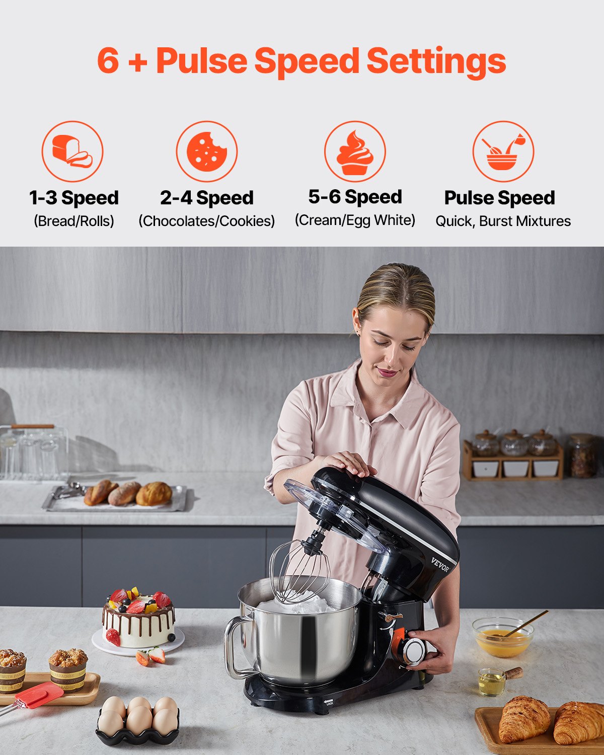 Stand Mixer 6 Quarts elektrisk degmixer 1400W 6 + P Speeds Matvisp