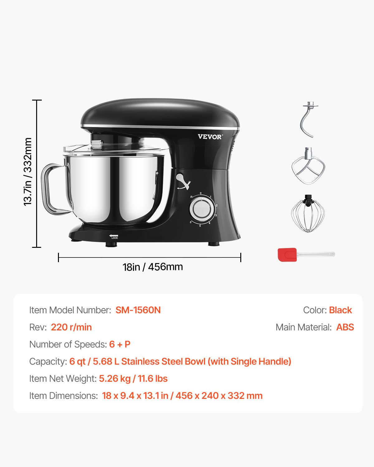 Stand Mixer 6 Quarts elektrisk degmixer 1400W 6 + P Speeds Matvisp