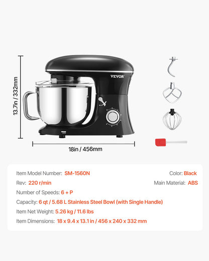 Stand Mixer 6 Quarts elektrisk degmixer 1400W 6 + P Speeds Matvisp