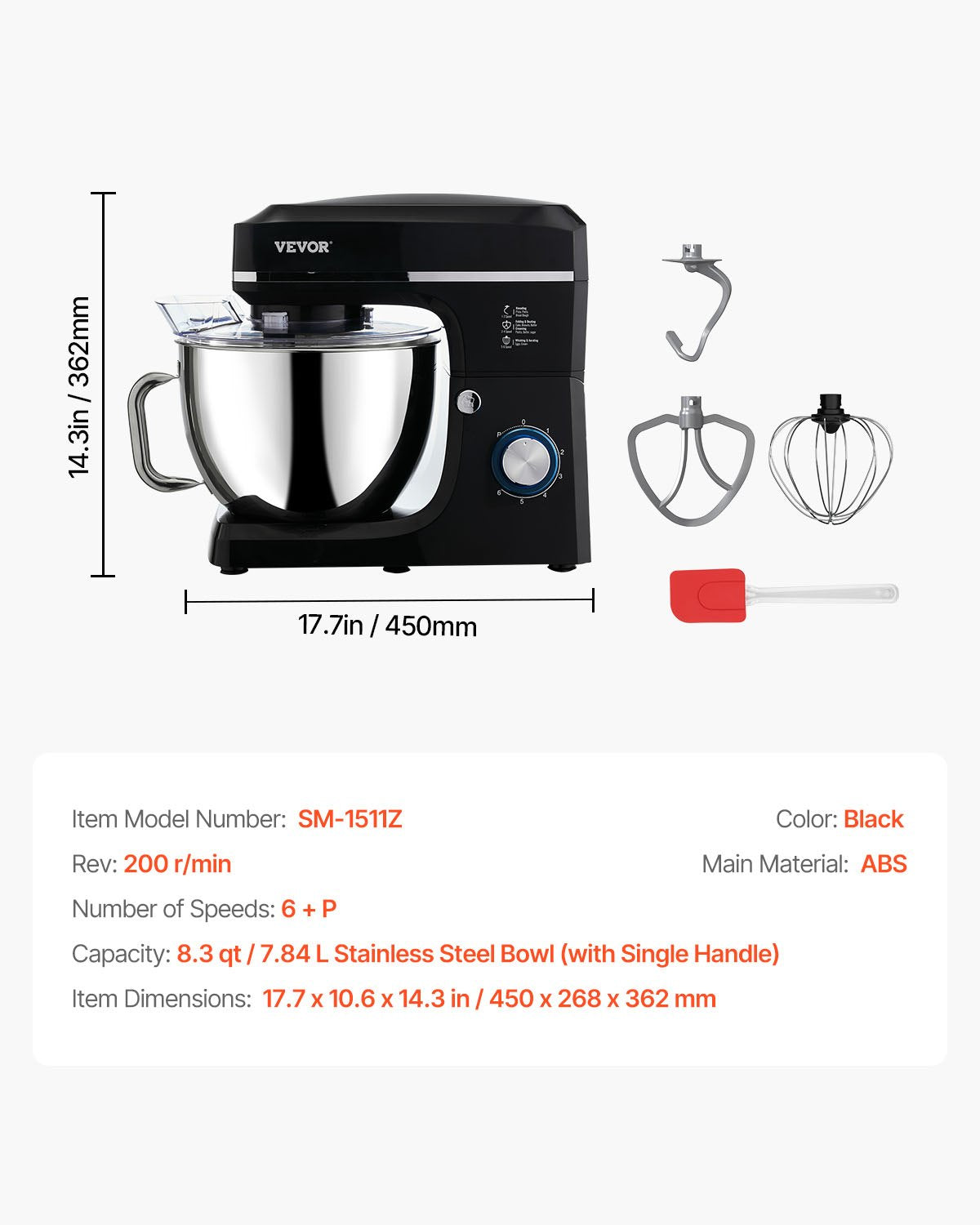 Standmixer 8,3 QT Elektrischer Teigmixer 1400 W 6 + P Geschwindigkeiten Schneebesen