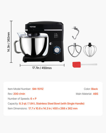 Standmixer 8,3 QT Elektrischer Teigmixer 1400 W 6 + P Geschwindigkeiten Schneebesen