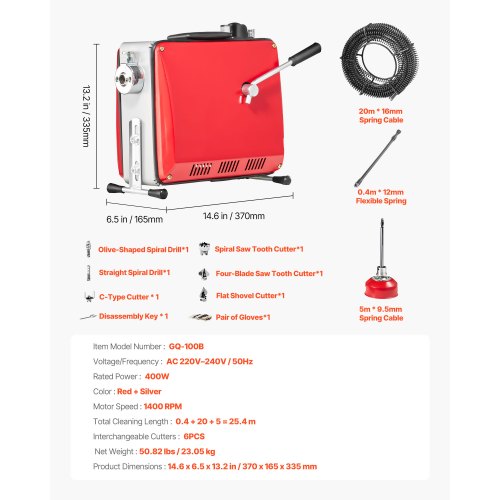 Avloppsrensningsmaskin, 400W 1400 RPM elektrisk rörrensningsmaskin för avlopp med slang och 20m x 16mm, 5m x 9.5mm och 0.4m x 12mm stålfjädervajer och 6 avbitartänger, passar rör med 50-110 mm diameter |  EU