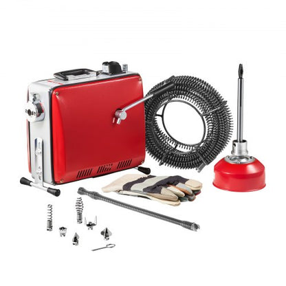 Avloppsrensningsmaskin, 400W 1400 RPM elektrisk rörrensningsmaskin för avlopp med slang och 20m x 16mm, 5m x 9.5mm och 0.4m x 12mm stålfjädervajer och 6 avbitartänger, passar rör med 50-110 mm diameter |  EU
