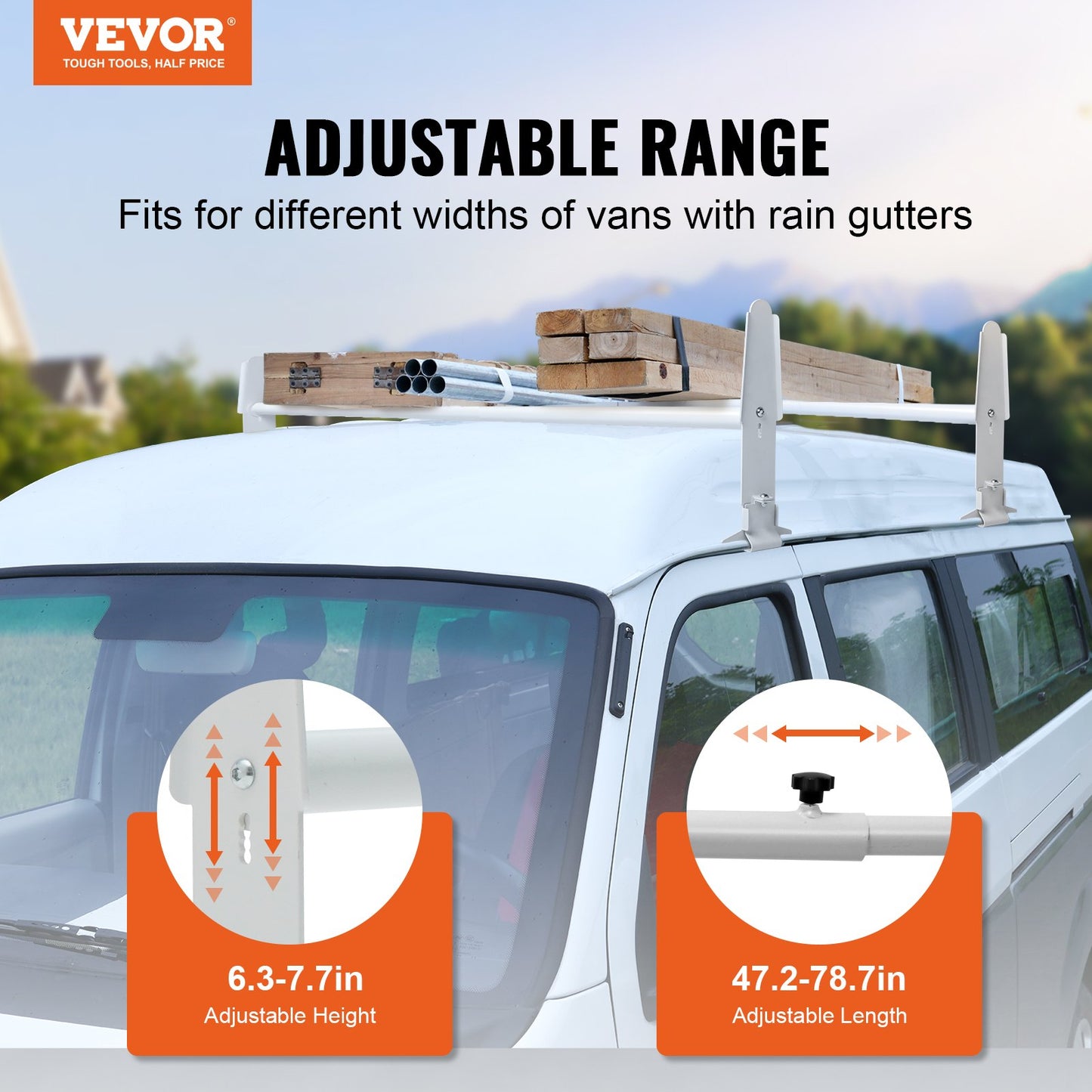 Van Takräcke, Stegställ i legerat stål med 2 stång, Justerbar från 1200-2000 mm, 227 kg Kapacitet, Takräcke kompatibel med fullstora skåpbilar med regnränna, Chevrolet Express, GMC Savana