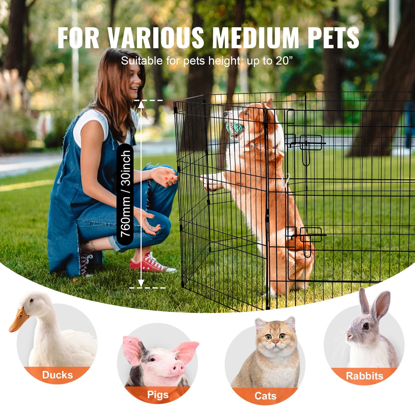 Dog Playpen 8 Panels Foldable Metal Training Pen for Dog with Bottom Pad 30"H