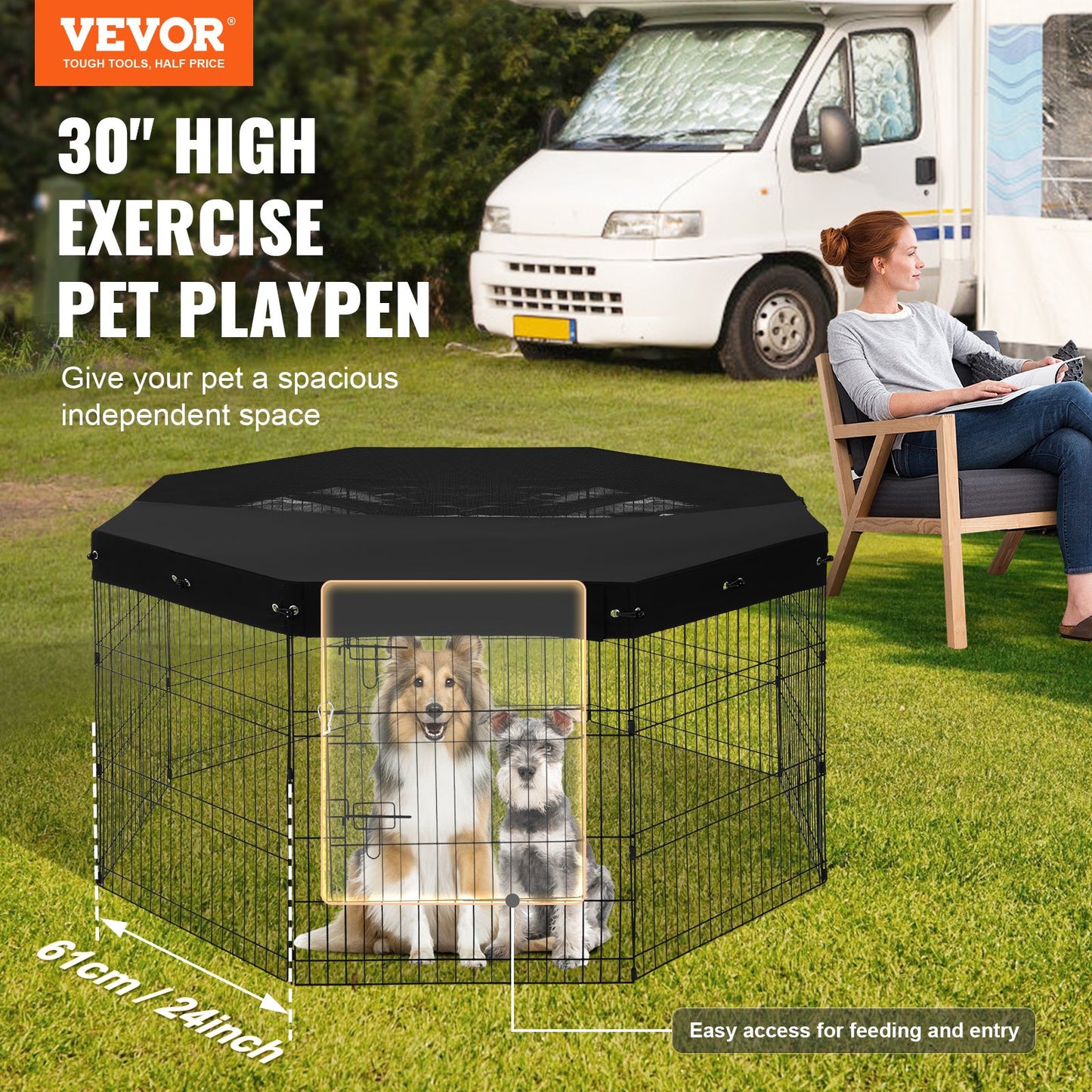 Dog Playpen 8 Panels Foldable Metal Dog Training Pen with Top Lid 30"H