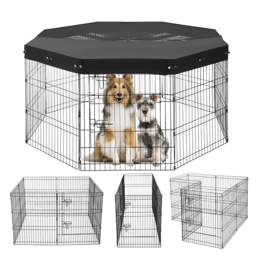 Dog Playpen 8 Panels Foldable Metal Dog Training Pen with Top Lid 30"H