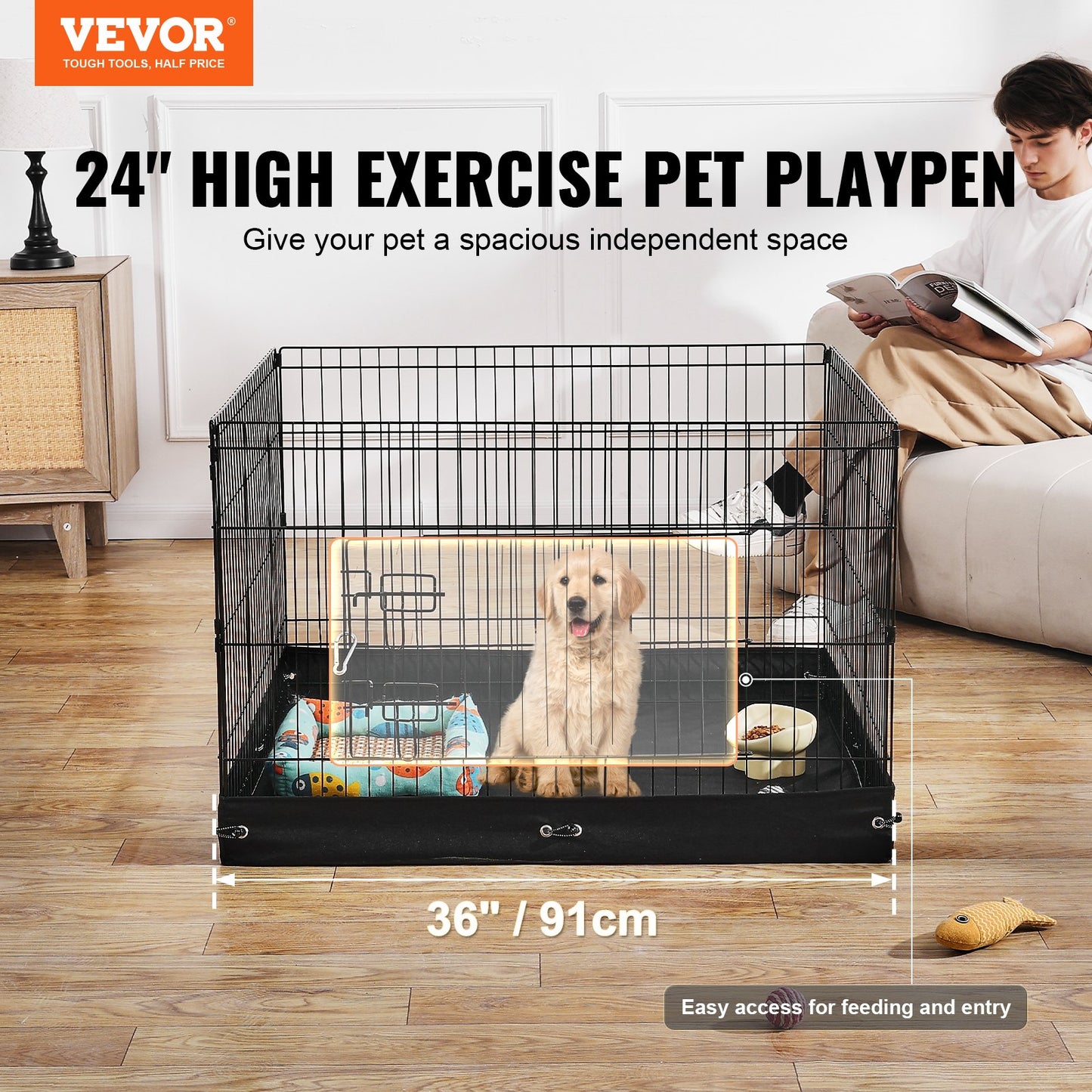 Dog Playpen 4 Panels Foldable Metal Dog Training Pen with Bottom Pad 36 Inch