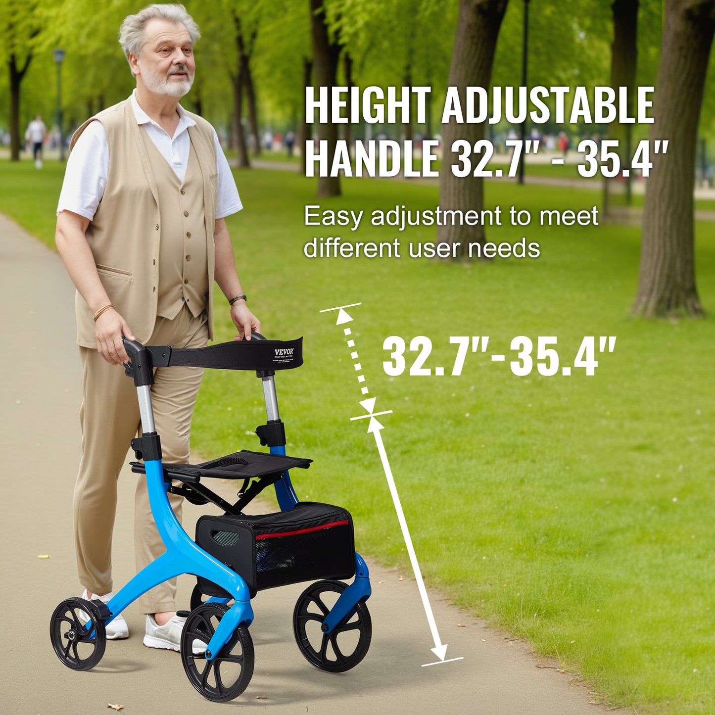 Folding Rollator Walker för seniorer och vuxna, lätt rullstol i aluminium med sits och justerbart handtag, 4-hjulig utomhusrullator med rymlig förvaringsväska, 136 kg kapacitet