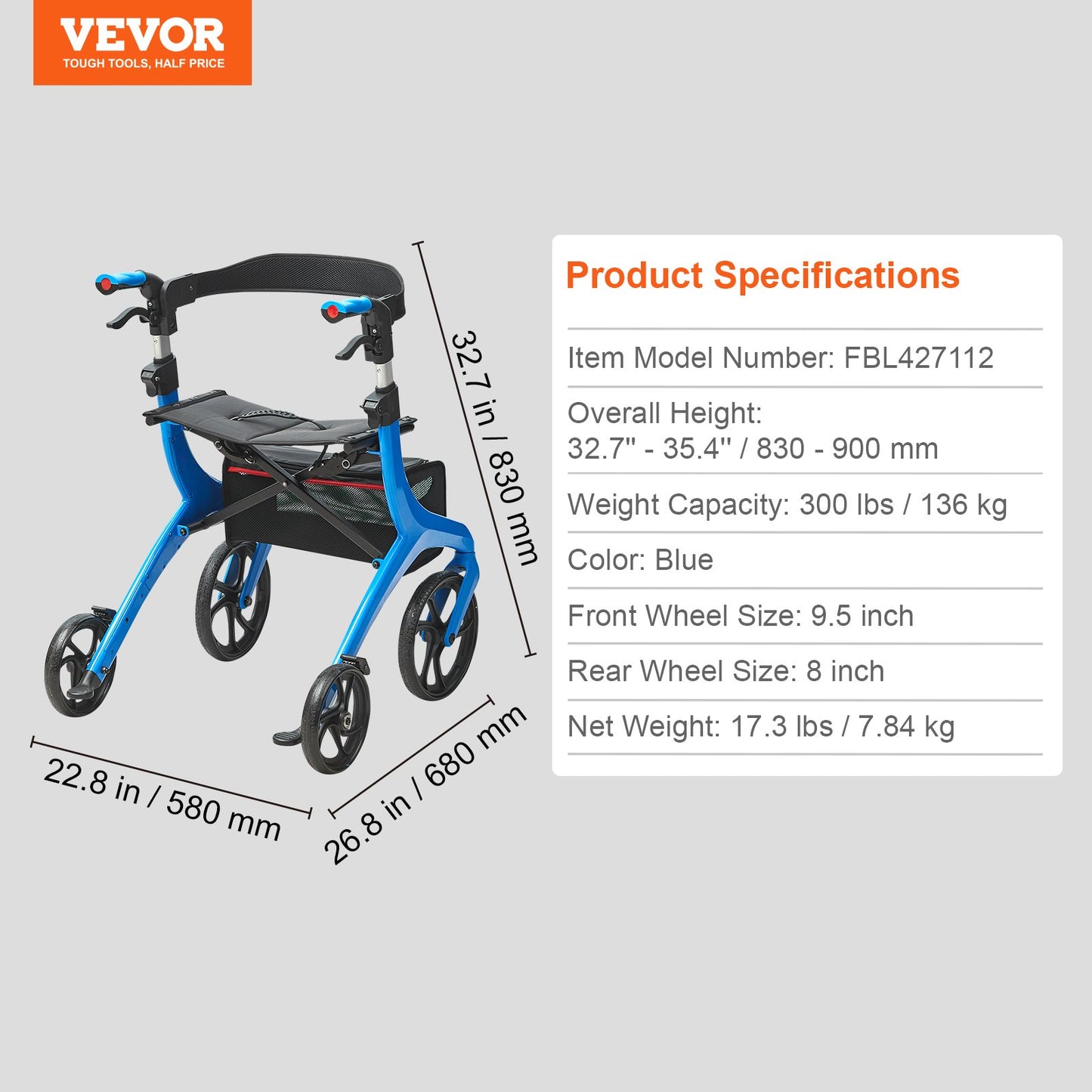 Folding Rollator Walker för seniorer och vuxna, lätt rullstol i aluminium med sits och justerbart handtag, 4-hjulig utomhusrullator med rymlig förvaringsväska, 136 kg kapacitet