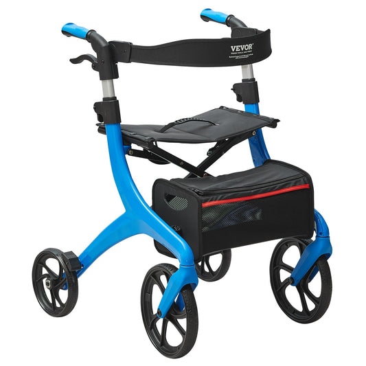 Folding Rollator Walker för seniorer och vuxna, lätt rullstol i aluminium med sits och justerbart handtag, 4-hjulig utomhusrullator med rymlig förvaringsväska, 136 kg kapacitet