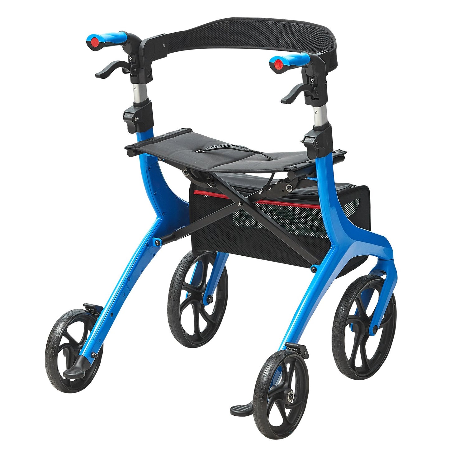 Folding Rollator Walker för seniorer och vuxna, lätt rullstol i aluminium med sits och justerbart handtag, 4-hjulig utomhusrullator med rymlig förvaringsväska, 136 kg kapacitet