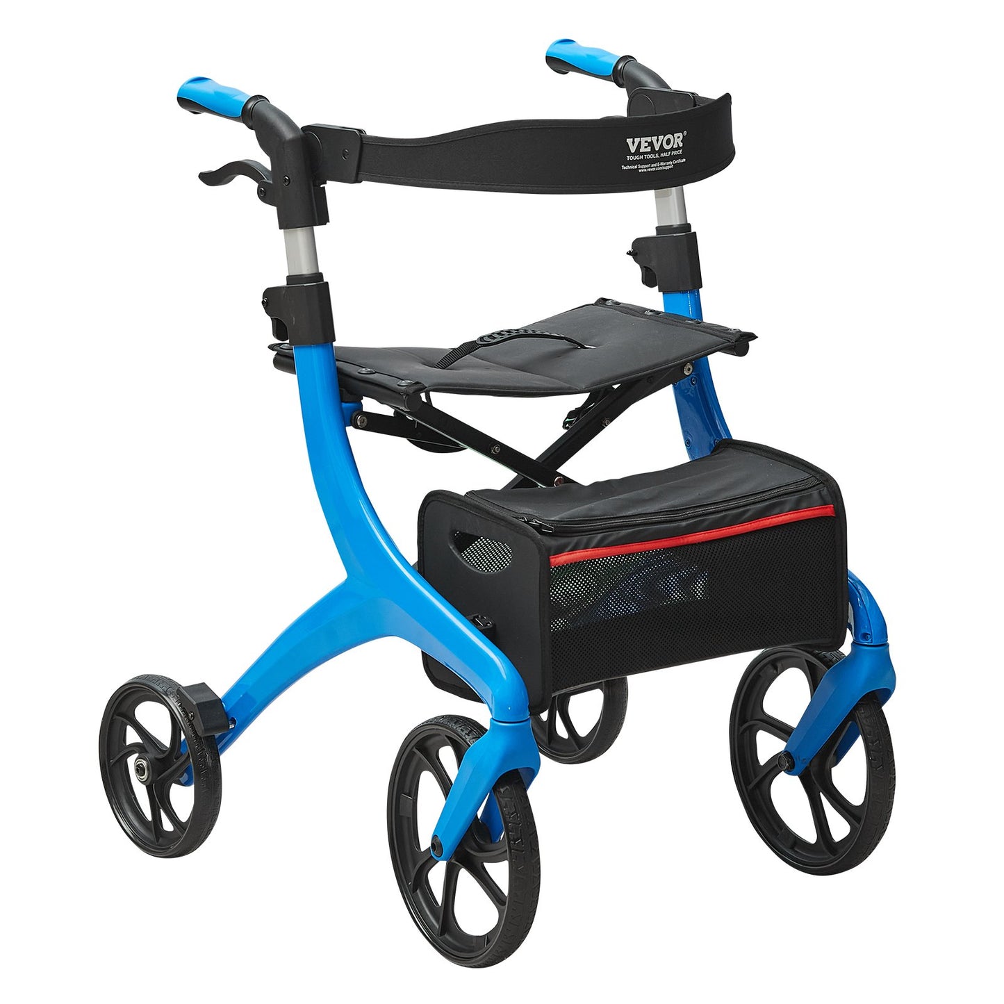 Folding Rollator Walker för seniorer och vuxna, lätt rullstol i aluminium med sits och justerbart handtag, 4-hjulig utomhusrullator med rymlig förvaringsväska, 136 kg kapacitet