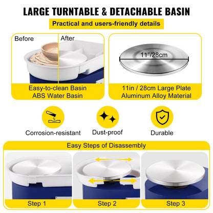 Ceramic Wheel 11in 0-300 rpm Ceramic Wheel, 350W Adjustable Speed Shaping Machine with Sculpting Tool and Apron, Removable Basin Foot Pedal Control for Arts Crafts and Home DIY Blue