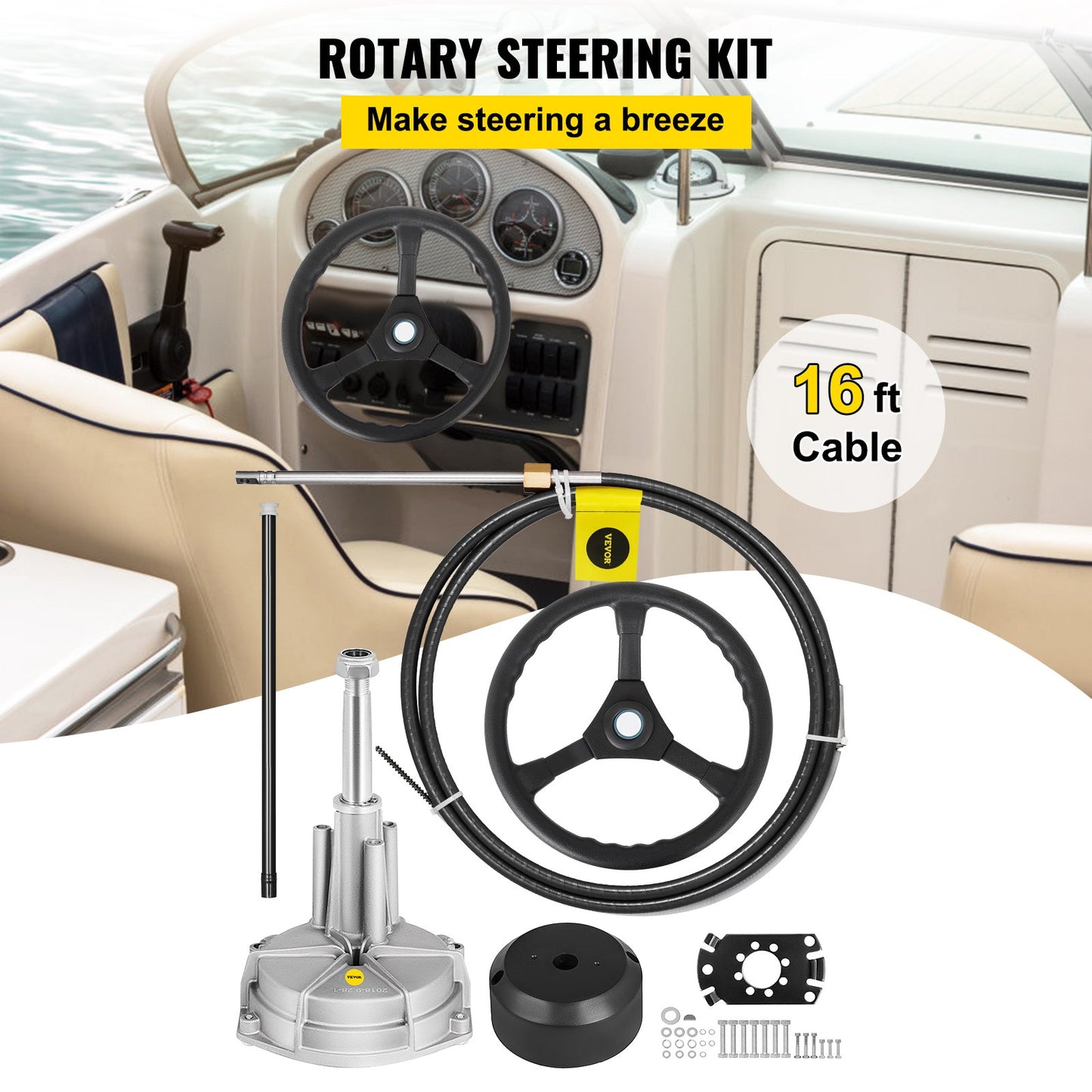 Outboard Steering System 16\' Outboard Steering Kit 16 Fot Båtstyrkabel med 13\" Hjul hållbart marint styrsystem