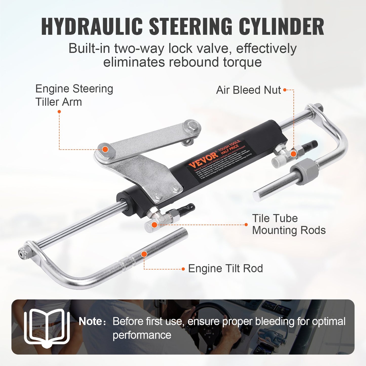 Hydraulic Outboard Steering Kit, 90HP, Marine Boat Hydraulic Steering System, with rudder pump two-way lock cylinder and 20 feet hydraulic steering hose, for single-station single-engine boats