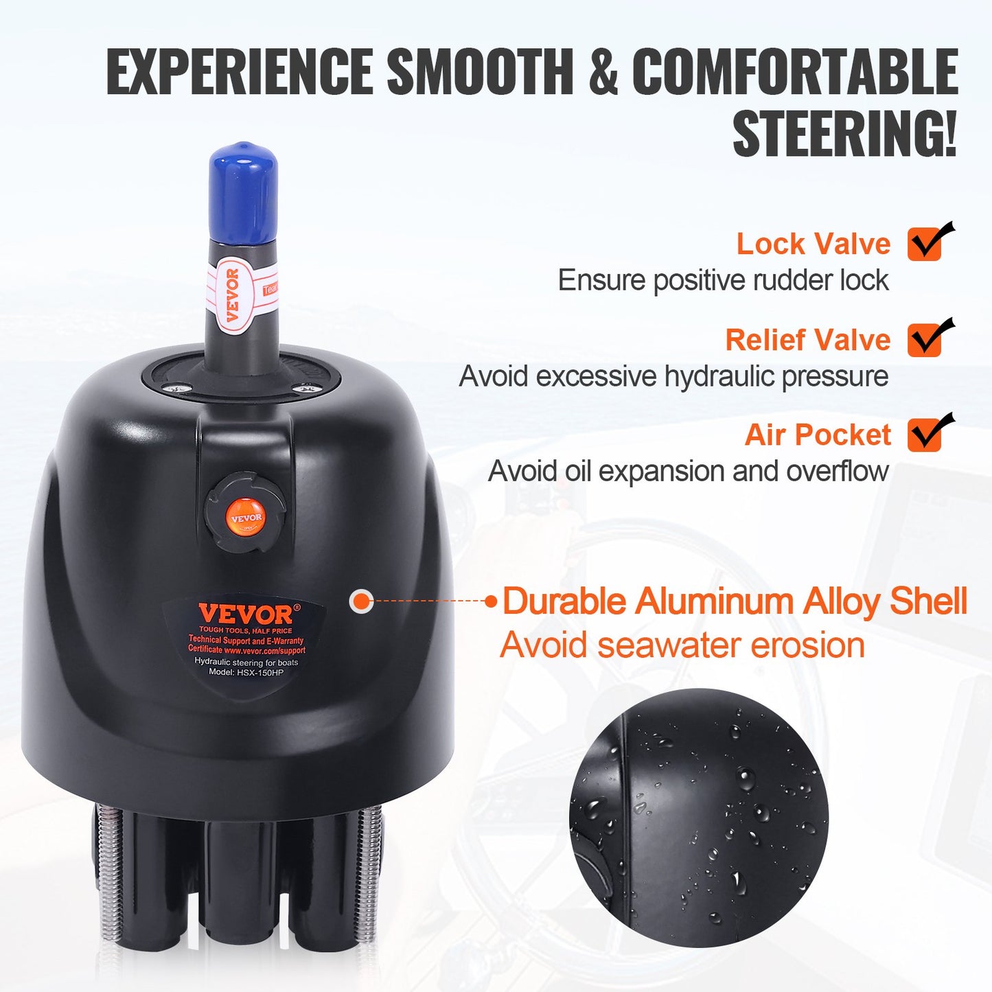 Hydraulic Outboard Steering Kit, 150HP, Marine Boat Hydraulic Steering System, with rudder pump two-way lock cylinder and 24 feet hydraulic steering hose, for single-station single-engine boats