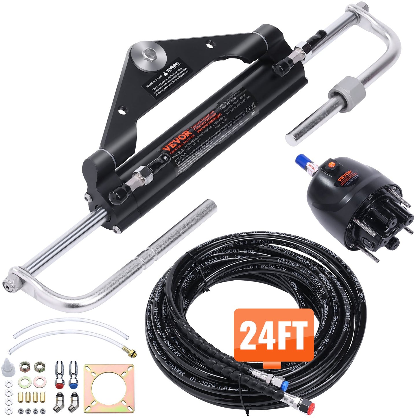 Hydraulic Outboard Steering Kit, 150HP, Marine Boat Hydraulic Steering System, with rudder pump two-way lock cylinder and 24 feet hydraulic steering hose, for single-station single-engine boats