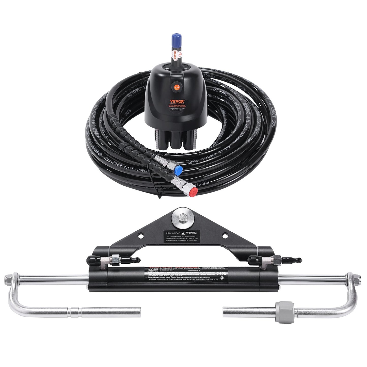 Hydraulic Outboard Steering Kit, 150HP, Marine Boat Hydraulic Steering System, with rudder pump two-way lock cylinder and 24 feet hydraulic steering hose, for single-station single-engine boats