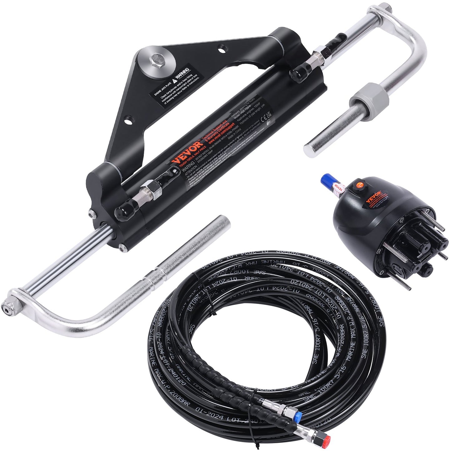 Hydraulic Outboard Steering Kit, 150HP, Marine Boat Hydraulic Steering System, with rudder pump two-way lock cylinder and 24 feet hydraulic steering hose, for single-station single-engine boats