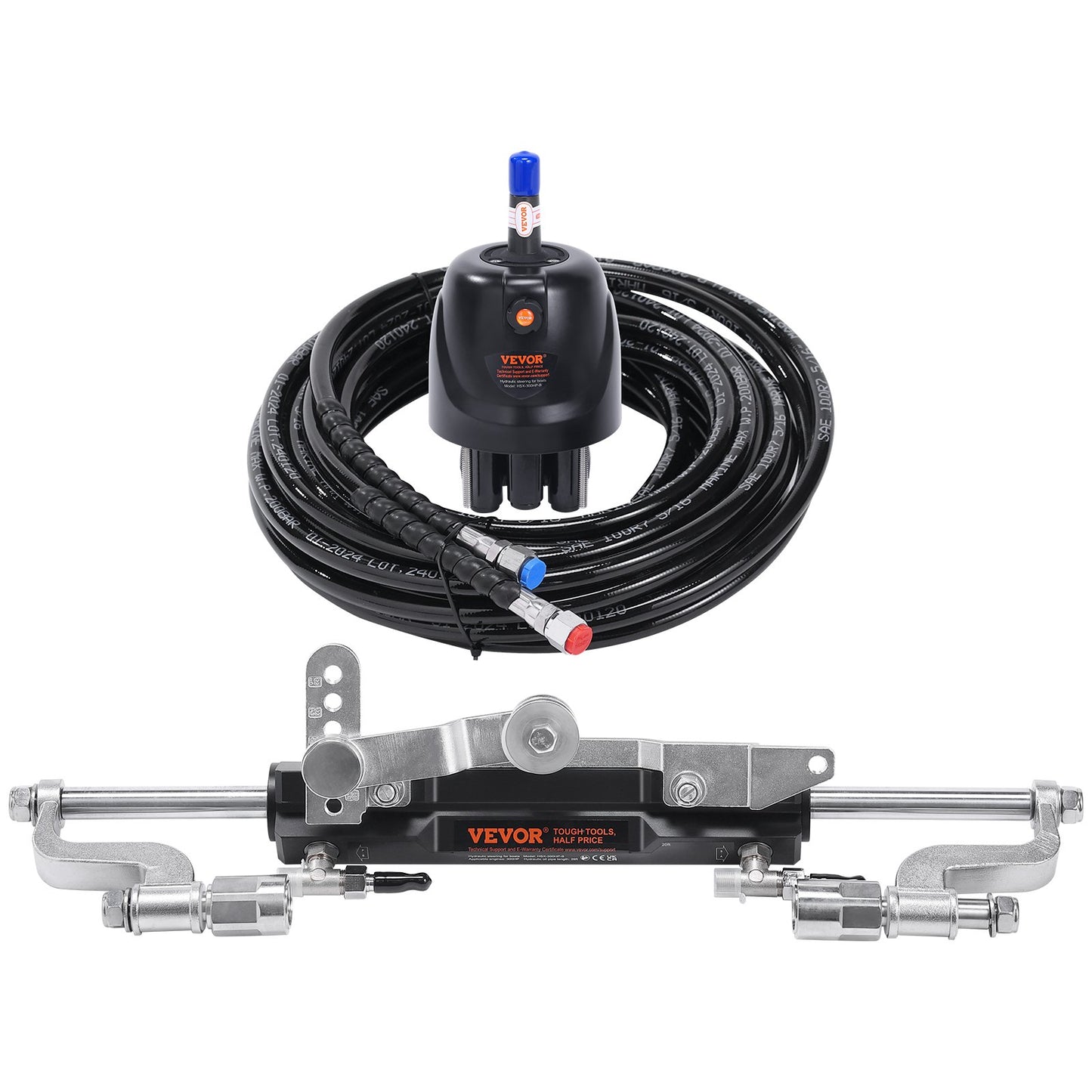 Hydraulisches Außenbord-Lenkkit, 300 PS, hydraulisches Lenksystem für Marineboote, mit Ruderpumpe, Zweiwege-Sperrzylinder und 26 Fuß langem hydraulischen Lenkschlauch, für Einmotorboote mit einer Station