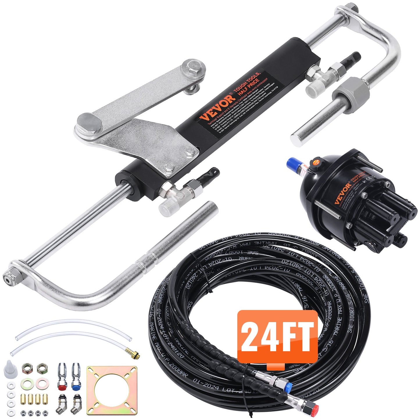 Hydraulisches Außenbord-Lenkkit, 90 PS, hydraulisches Lenksystem für Marineboote, mit Ruderpumpe, Zweiwege-Sperrzylinder und 24 Fuß langem hydraulischen Lenkschlauch, für Einmotorboote mit einer Station