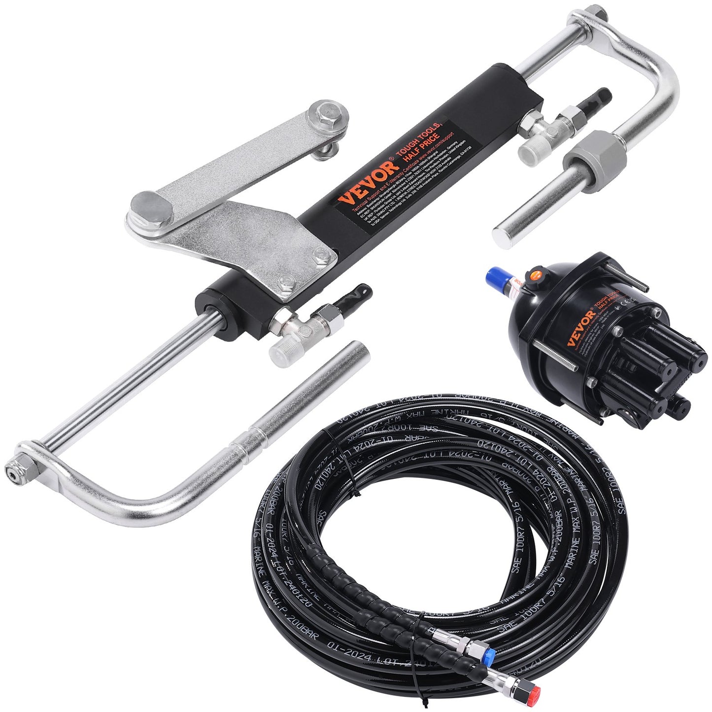 Hydraulisches Außenbord-Lenkkit, 90 PS, hydraulisches Lenksystem für Marineboote, mit Ruderpumpe, Zweiwege-Sperrzylinder und 24 Fuß langem hydraulischen Lenkschlauch, für Einmotorboote mit einer Station