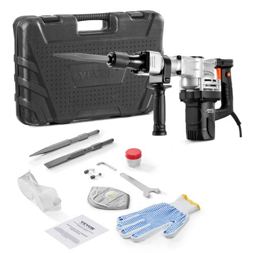 Demolition Jack Hammer, 1400W Electric Jackhammer Heavy Duty, 2pcs Chisels Bits Chipping with Case, 2900 BPM Concrete Breaker, Gloves Black