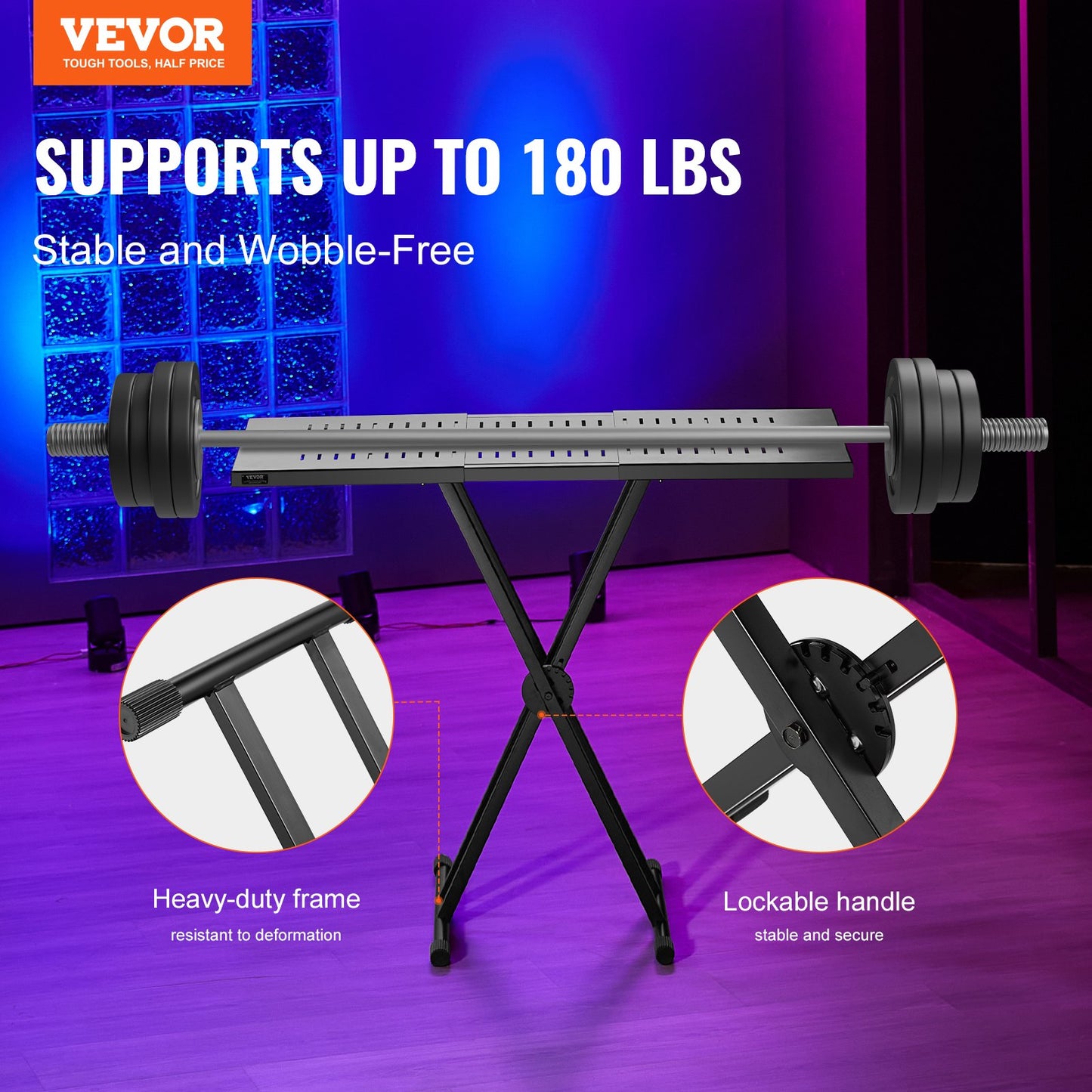 Portable DJ table with Double-X brace with keyboard stand adjustable height