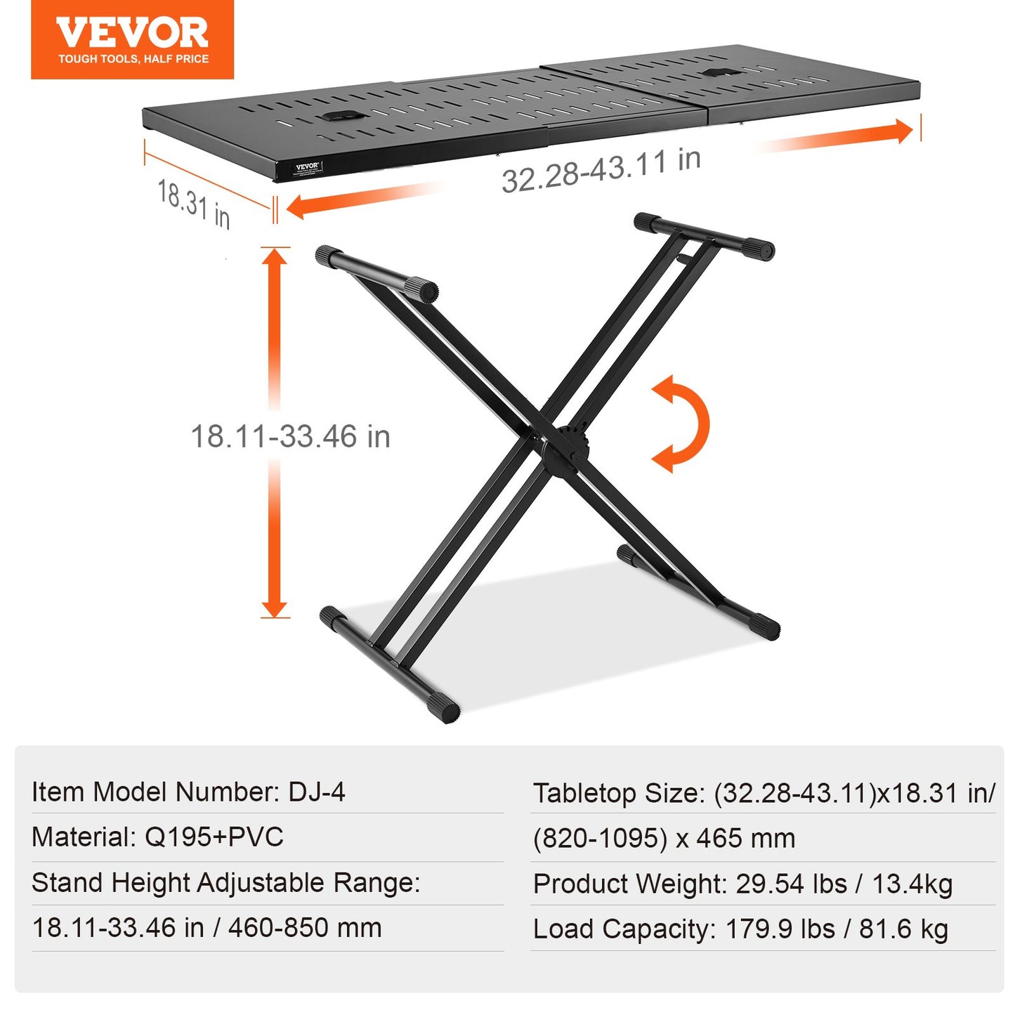 Portable DJ table with Double-X brace with keyboard stand adjustable height