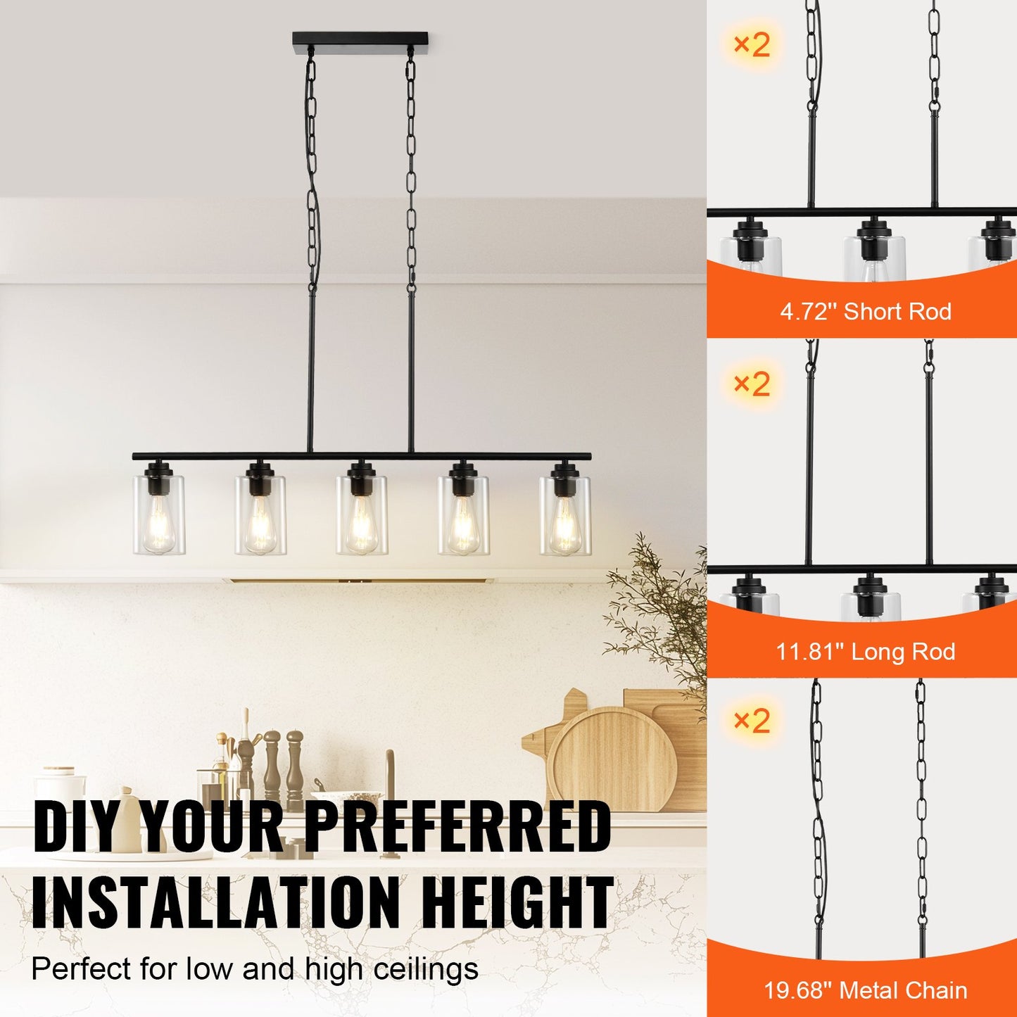 5-Light Kitchen Island Pendellampor 60W Justerbar matsalslampa E27