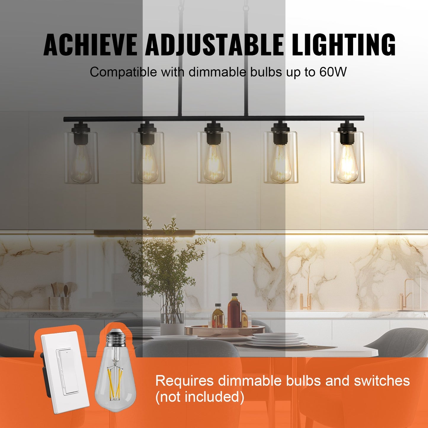 5-Light Kitchen Island Pendellampor 60W Justerbar matsalslampa E27