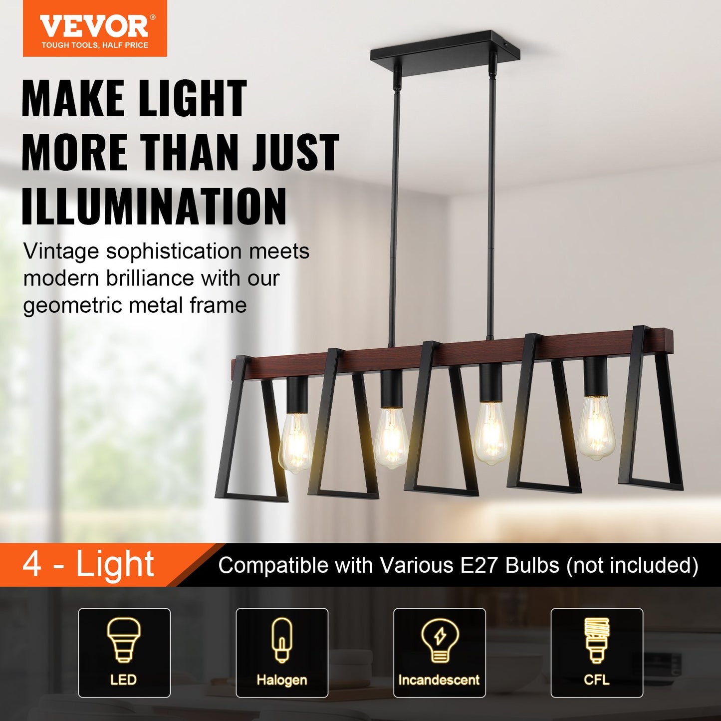 4-Light Kitchen Island Pendellampor 60W Justerbar matsalslampa E27
