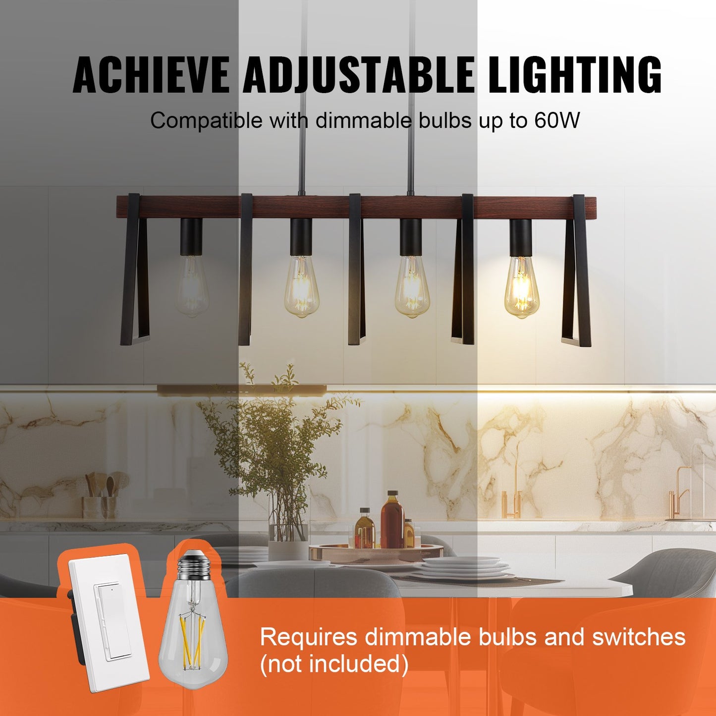 4-Light Kitchen Island Pendellampor 60W Justerbar matsalslampa E27