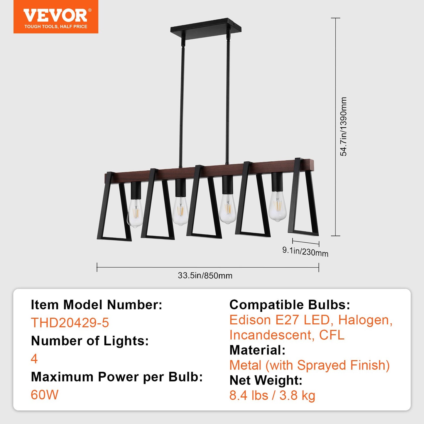 4-Light Kitchen Island Pendellampor 60W Justerbar matsalslampa E27