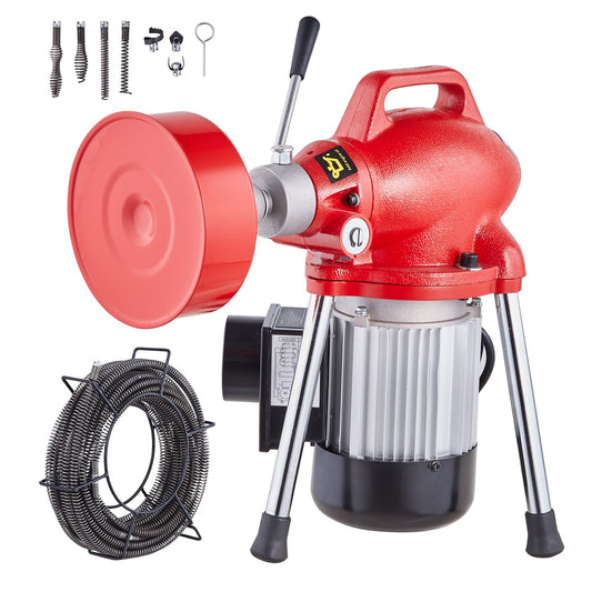 Sewer Cleaning Machine 66FT x 5/8In 250W Sectional Worm Auger Manual Feed