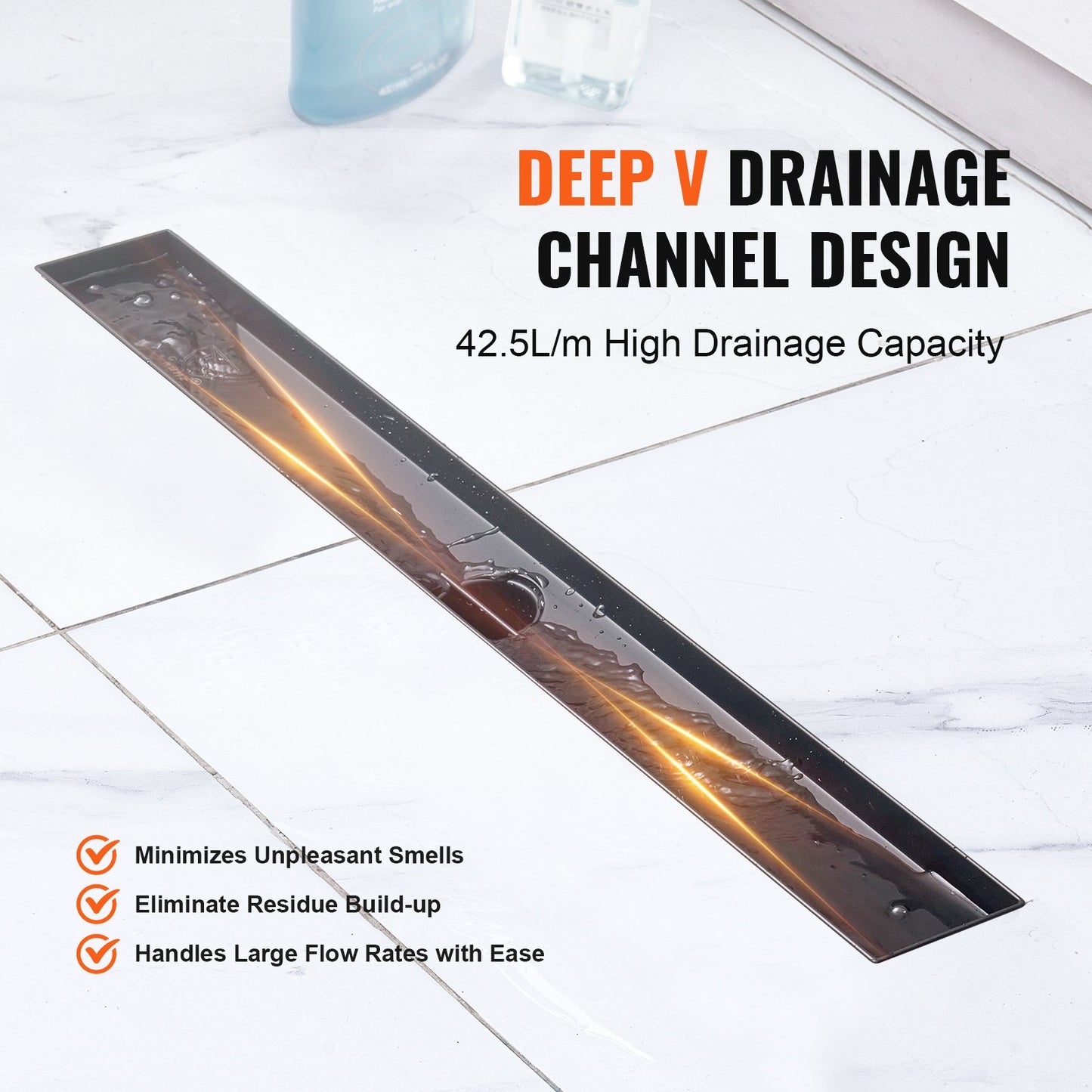 610 mm Linear Shower Drain Offset with Tile Insert Cover, Brushed 304 Stainless Steel Rectangle Shower Floor Drain, Elegant Linear Drain with Hair Strainer, Black