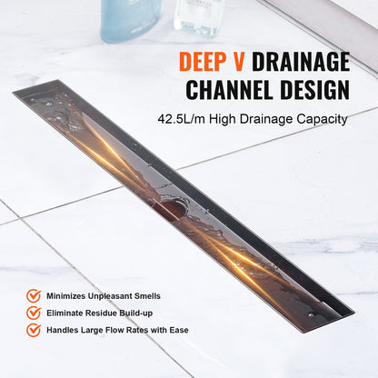610 mm Linear Shower Drain Offset with Tile Insert Cover, Brushed 304 Stainless Steel Rectangle Shower Floor Drain, Elegant Linear Drain with Hair Strainer, Black