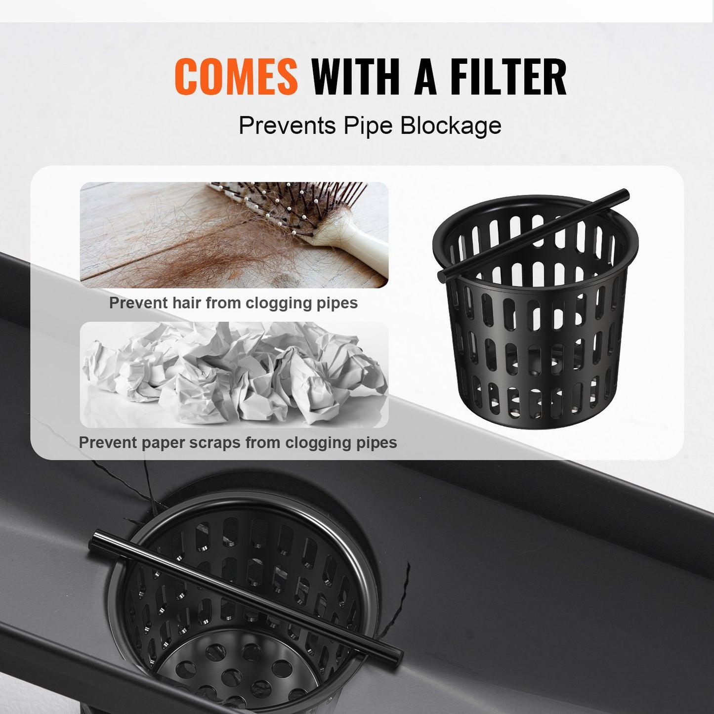 610 mm Linear Shower Drain Offset with Tile Insert Cover, Brushed 304 Stainless Steel Rectangle Shower Floor Drain, Elegant Linear Drain with Hair Strainer, Black