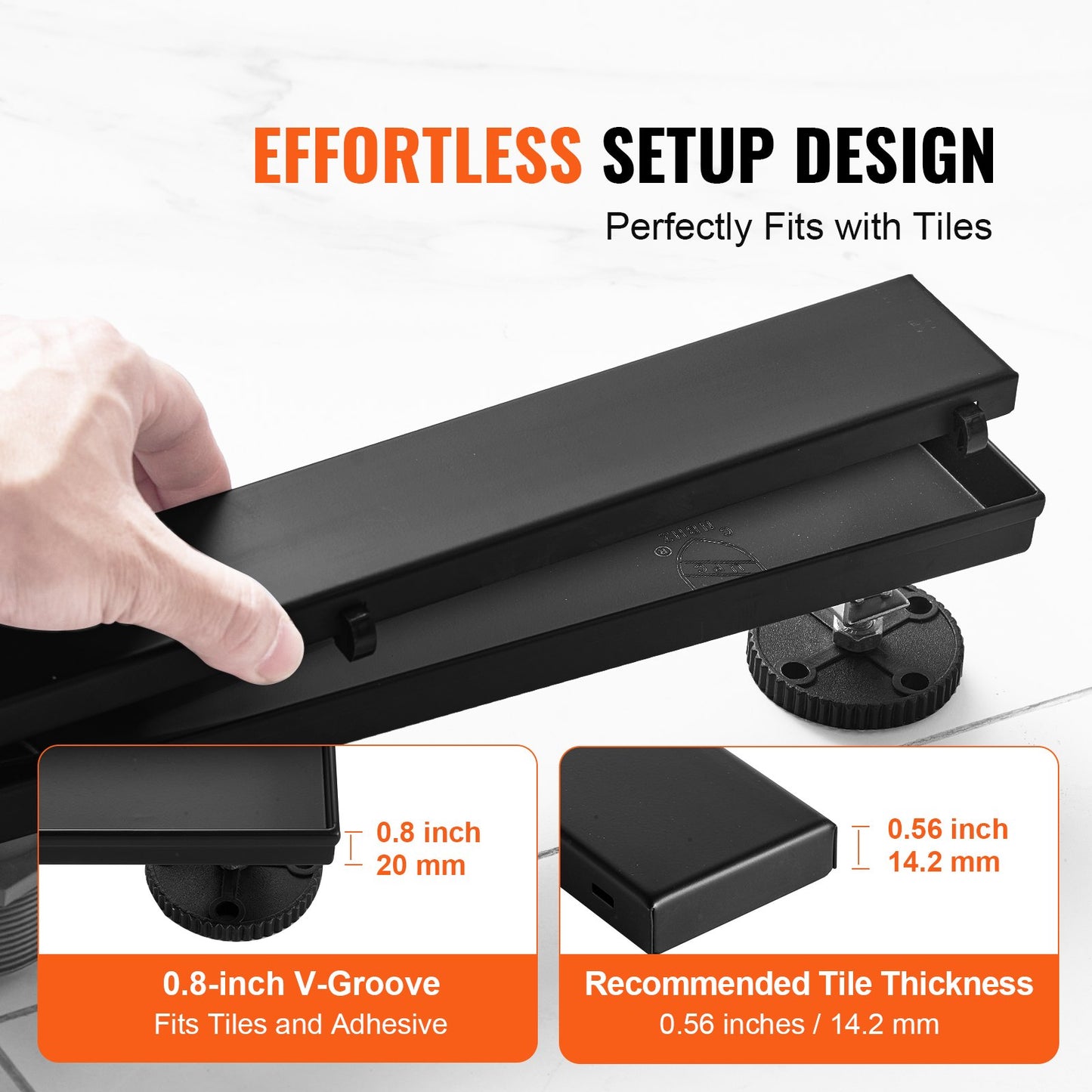 610 mm Linear Shower Drain Offset with Tile Insert Cover, Brushed 304 Stainless Steel Rectangle Shower Floor Drain, Elegant Linear Drain with Hair Strainer, Black